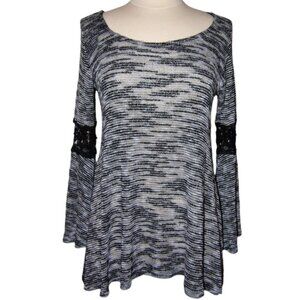 Black & White Tunic - Bell Sleeves with Crochet Inserts & Irregular Hemline